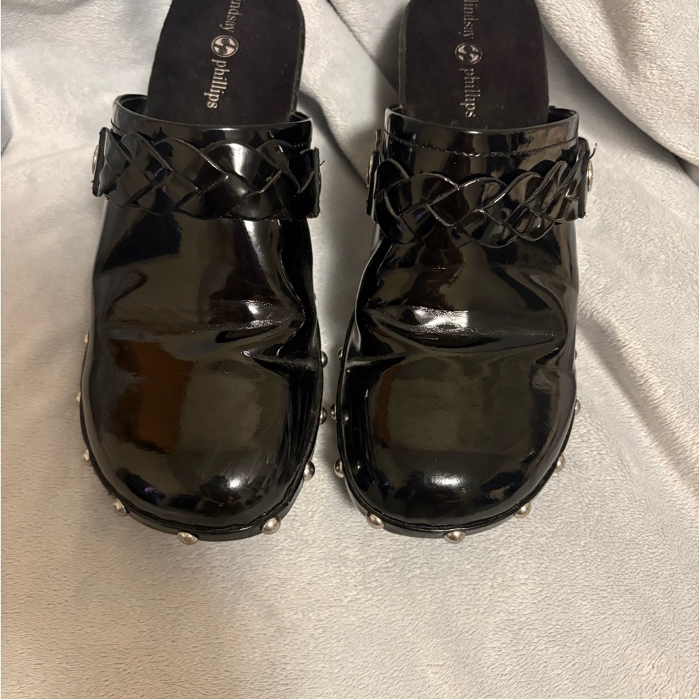 Lindsay Phillips Black Patent Mules with Woven Detail